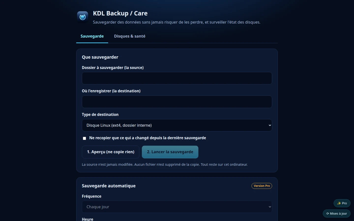KDL Backup / Care au lancement.
