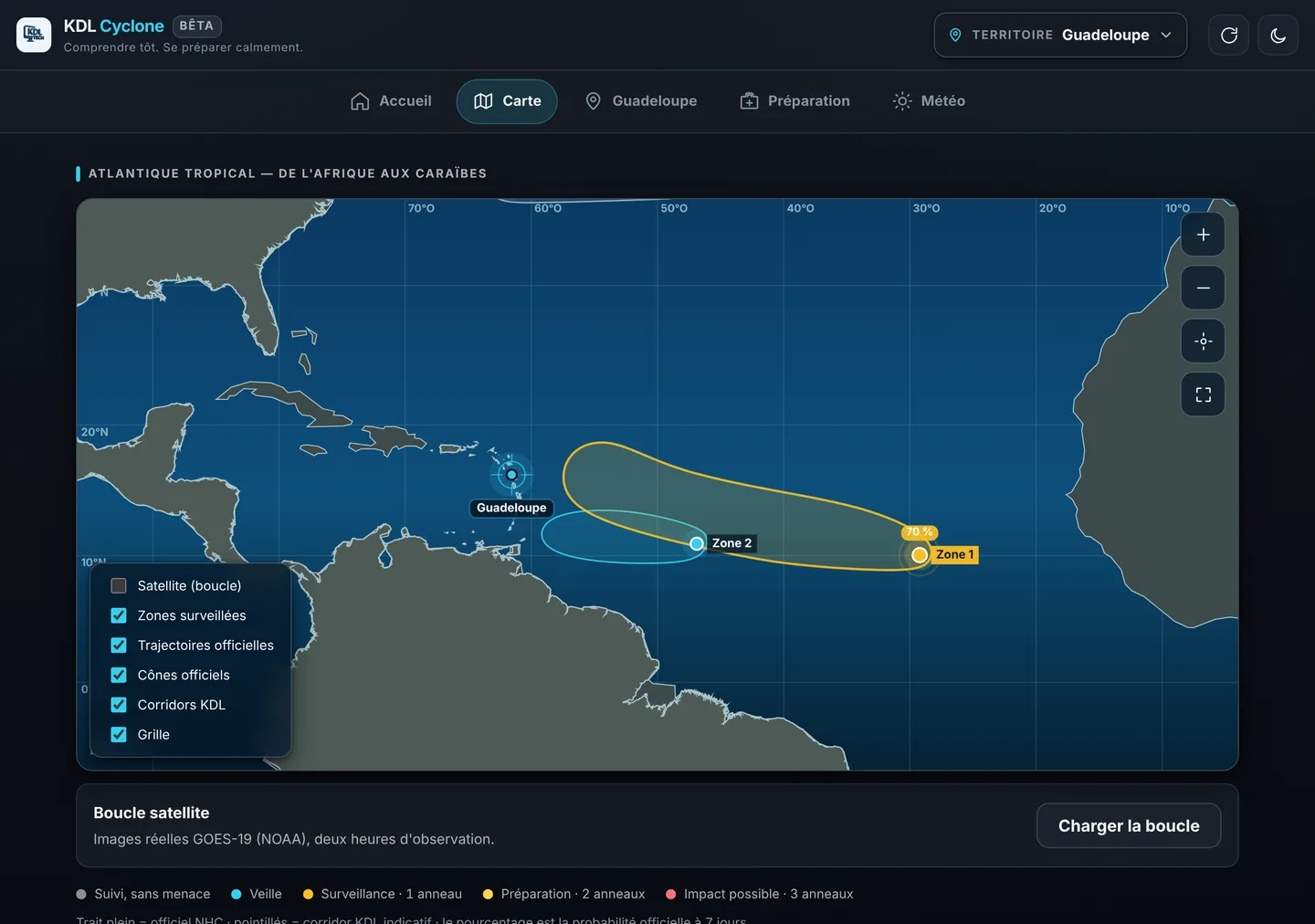 KDL Cyclone : la carte des systèmes suivis, thème sombre