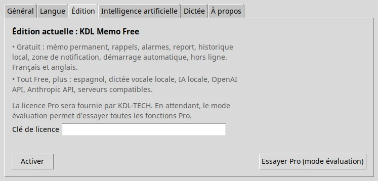 L’onglet Édition indique ce que contient la version Free et ce qu’ajoute l’édition Pro.