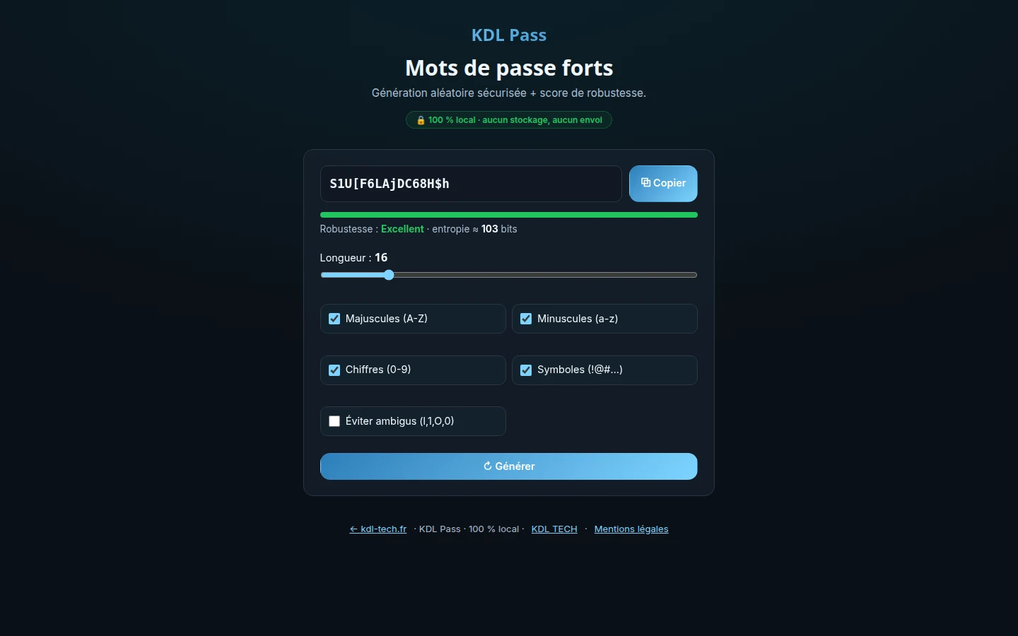 KDL Pass compose un mot de passe solide sans rien transmettre.