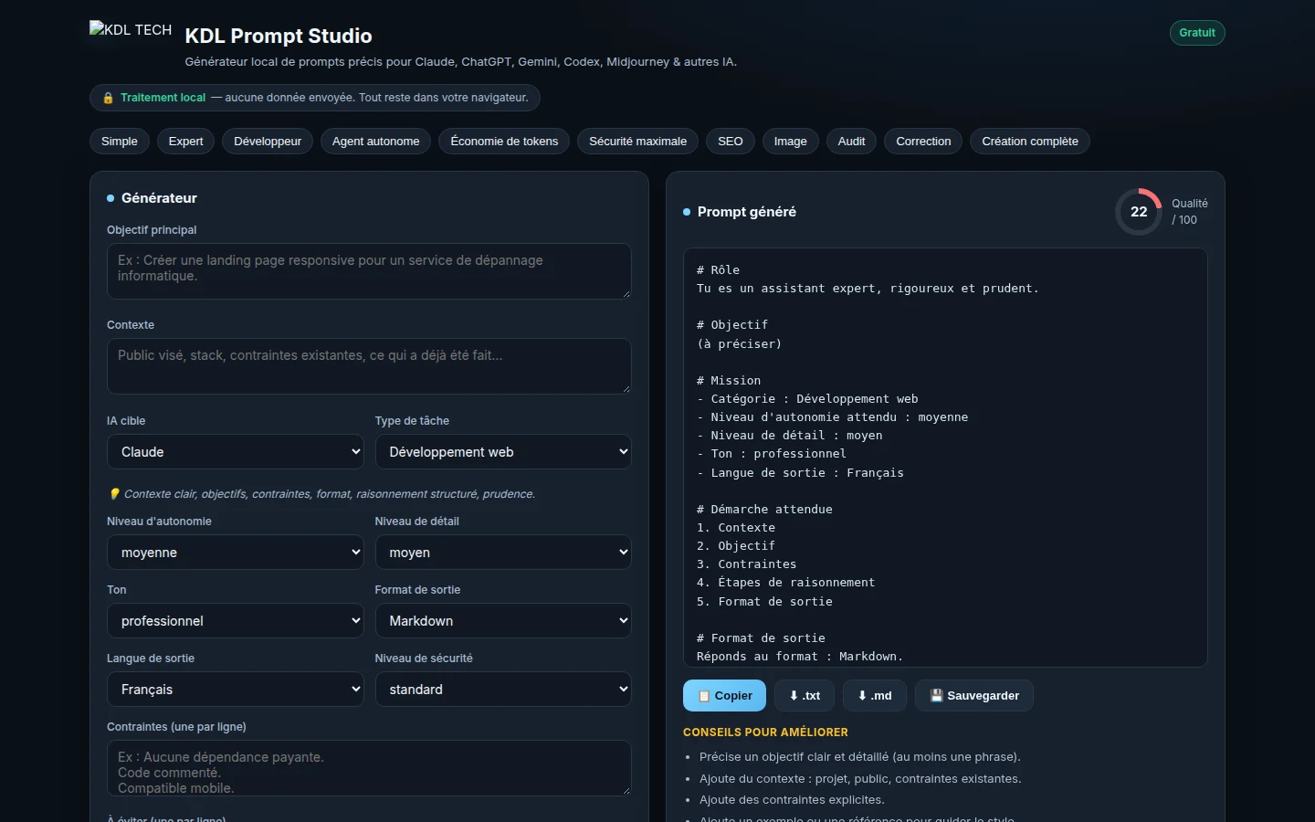 L’atelier de prompts, ouvert dans le navigateur.