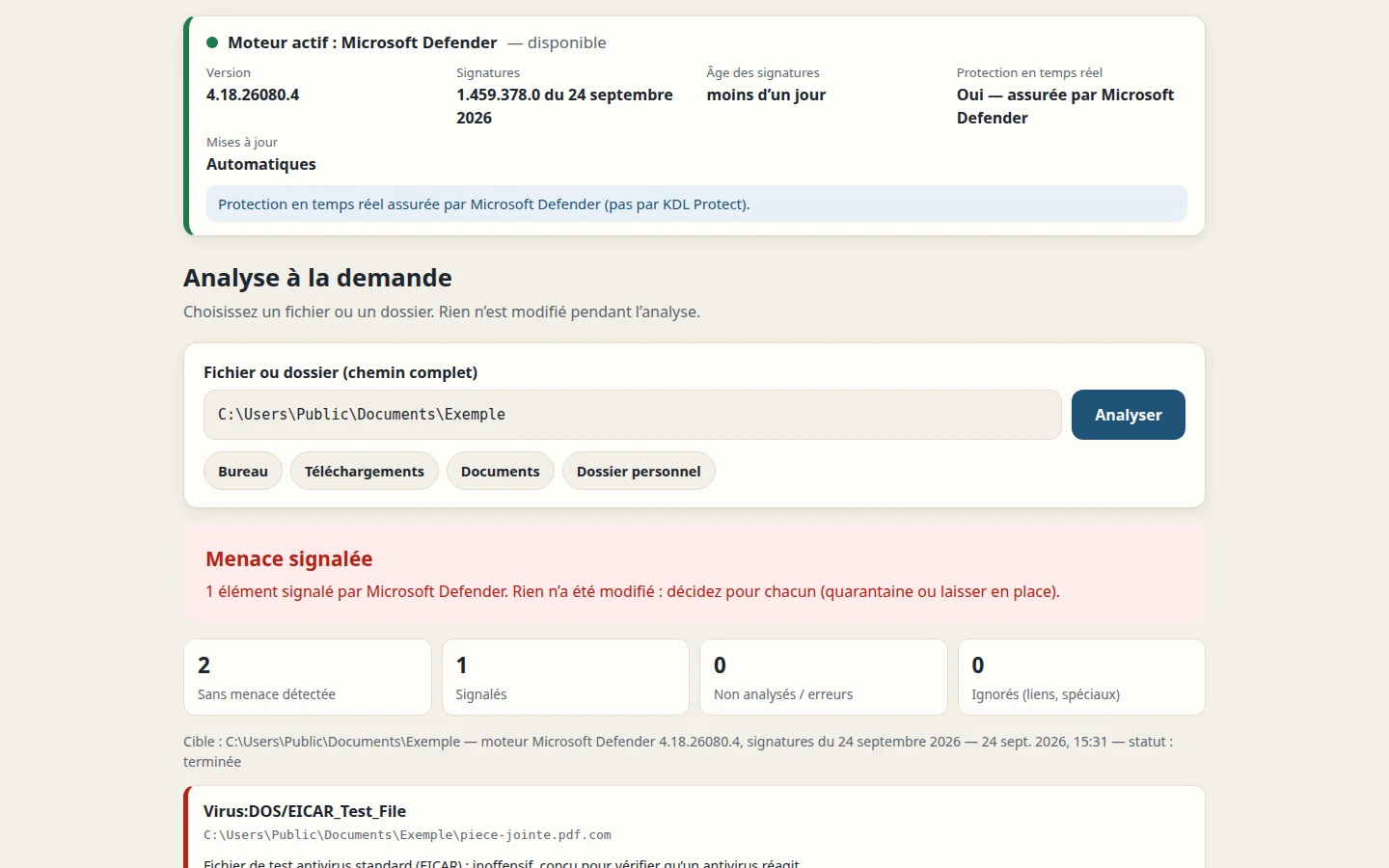 Résultat d’une analyse : l’élément signalé par Microsoft Defender, son explication et le bouton de mise en quarantaine.