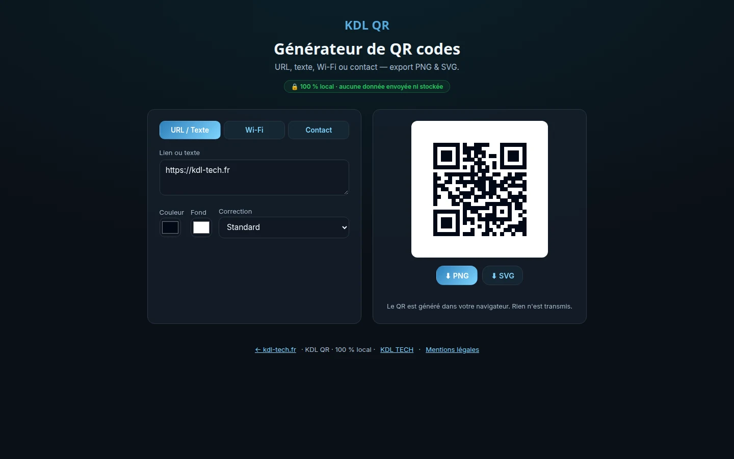 KDL QR calcule le code directement dans le navigateur.