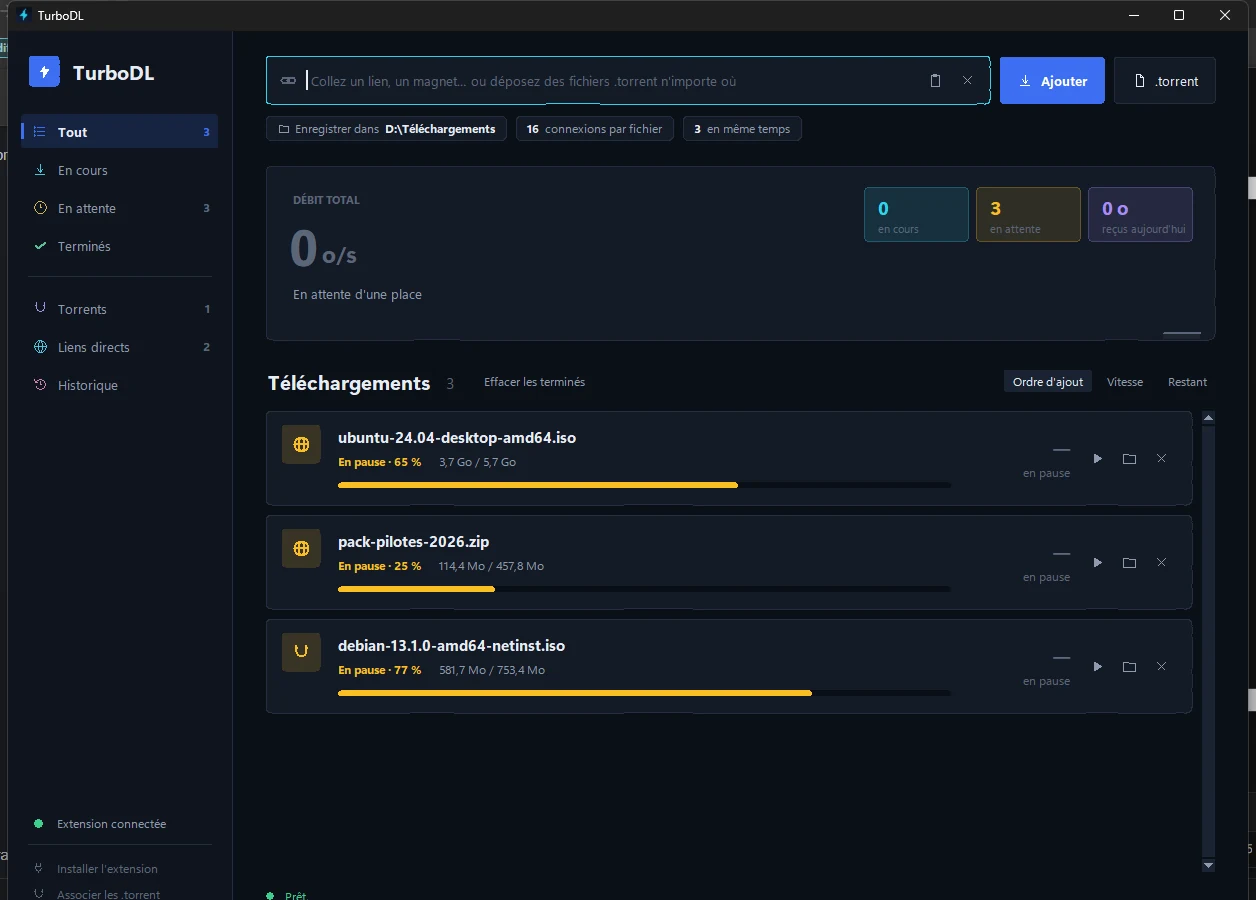TurboDL : débit total, file d'attente et barres de progression.